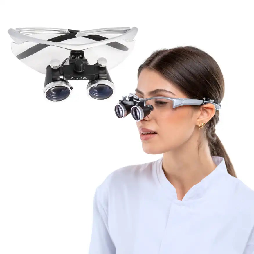 Lupa X1 con Lentes de Aumento 3,5x o 2,5x usado por odontólogo en clínica