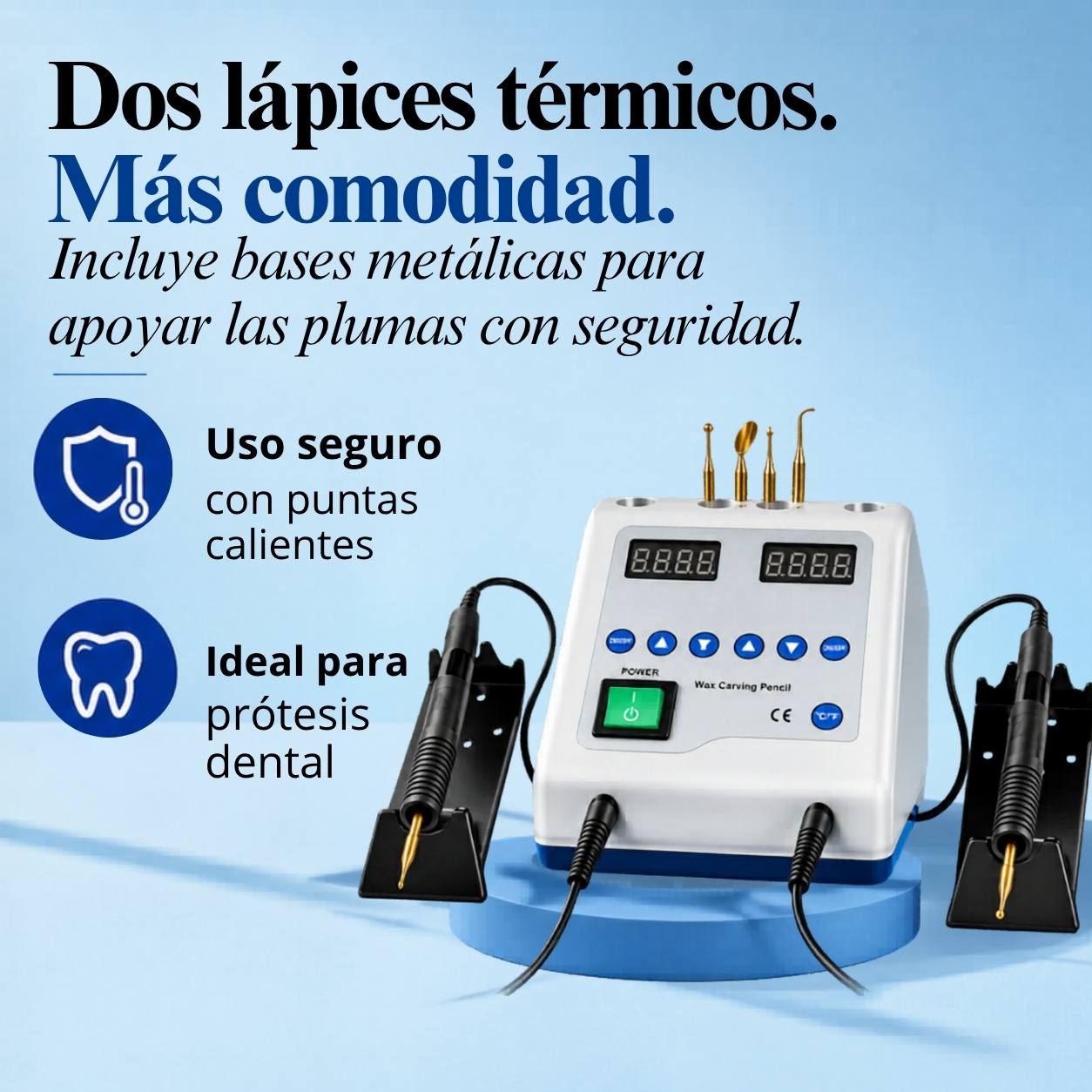 Encerador dental con dos lápices térmicos y bases metálicas, ideal para prótesis dental