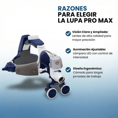 Lupa Pro Max con Lente de 2.5x o 3.5x y Lámpara de 80.0 usado por odontólogo en clínica
