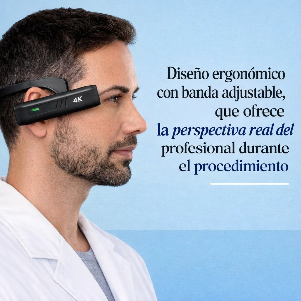 Dentista usando cámara 4K para grabar procedimiento odontológico en primera persona