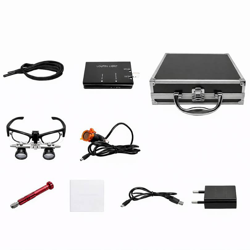 Lupa T1 con Ajuste Interpupilar y Lámpara Frontal kit completo odontología