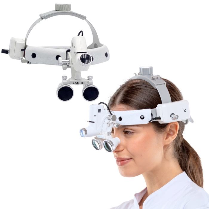 Lupa Pro Vision con Lámpara Frontal de 5 Watts y Lentes usado por odontólogo en clínica