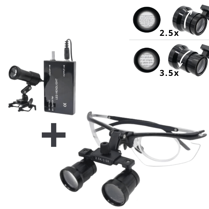 Lupa X2 con Lentes de 2,5x y 3,5x y Lámpara Frontal Rec — vista frontal profesional