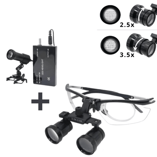 Lupa X2 con Lentes de 2,5x y 3,5x y Lámpara Frontal Rec — vista frontal profesional