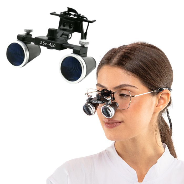 Lupa X1 Mini con lente de 2,5x o 3,5x y Clip para Monta usado por odontólogo en clínica
