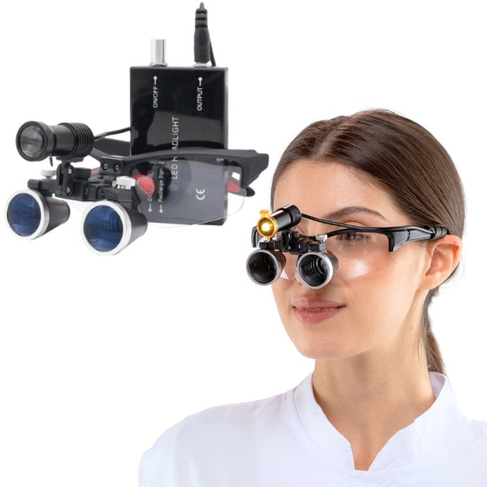 Lupa X1 con Lentes de 2.5x o 3.5x y Lámpara Frontal de usado por odontólogo en clínica
