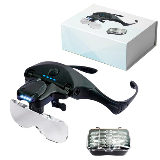 Lupa de Cabeza V5 PRO con 05 Lentes de Aumento Recargab — vista frontal profesional